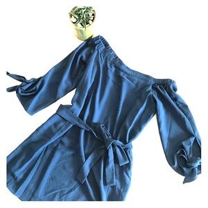 Blue Tie Sleeve Tie Waste Flattering Dress